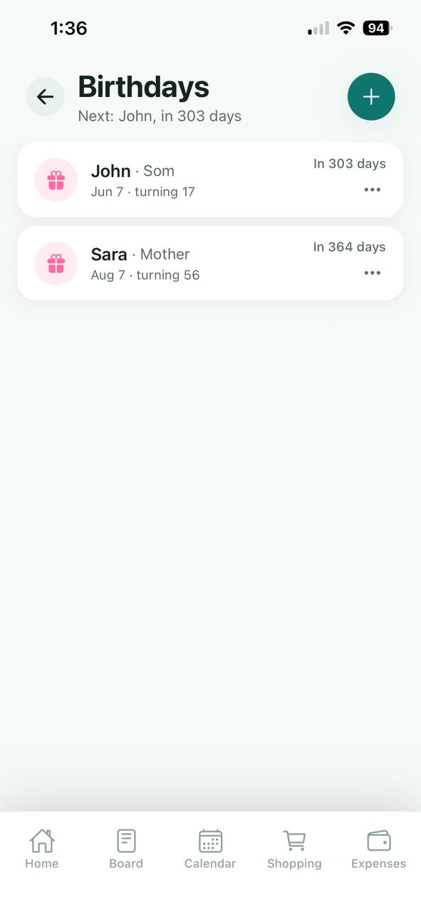 Nest Birthdays screen counting down the days to each birthday