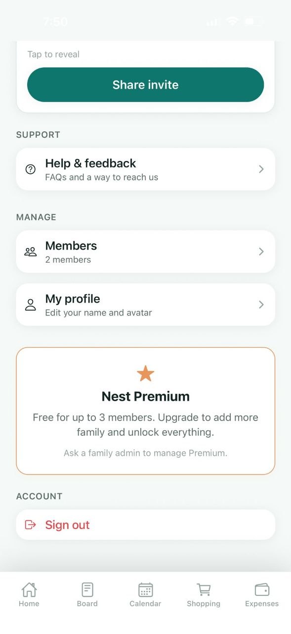 Nest family settings with Share invite, Members and My profile