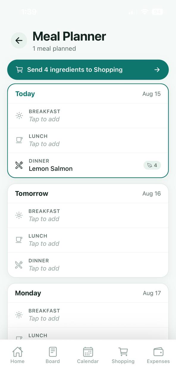 Nest Meal Planner with a send-ingredients-to-shopping button